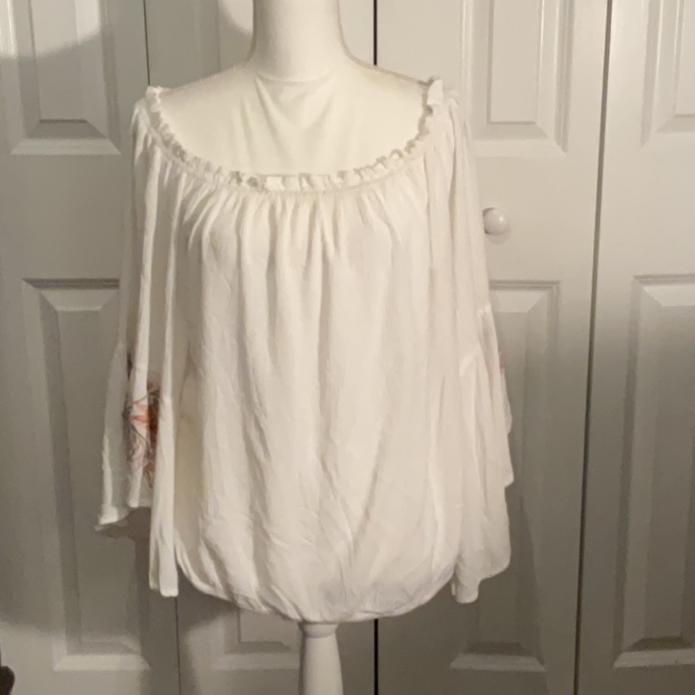 New York & Company Off the Shoulder Cream Ruffled 3/4 Bell Sleeve Blouse